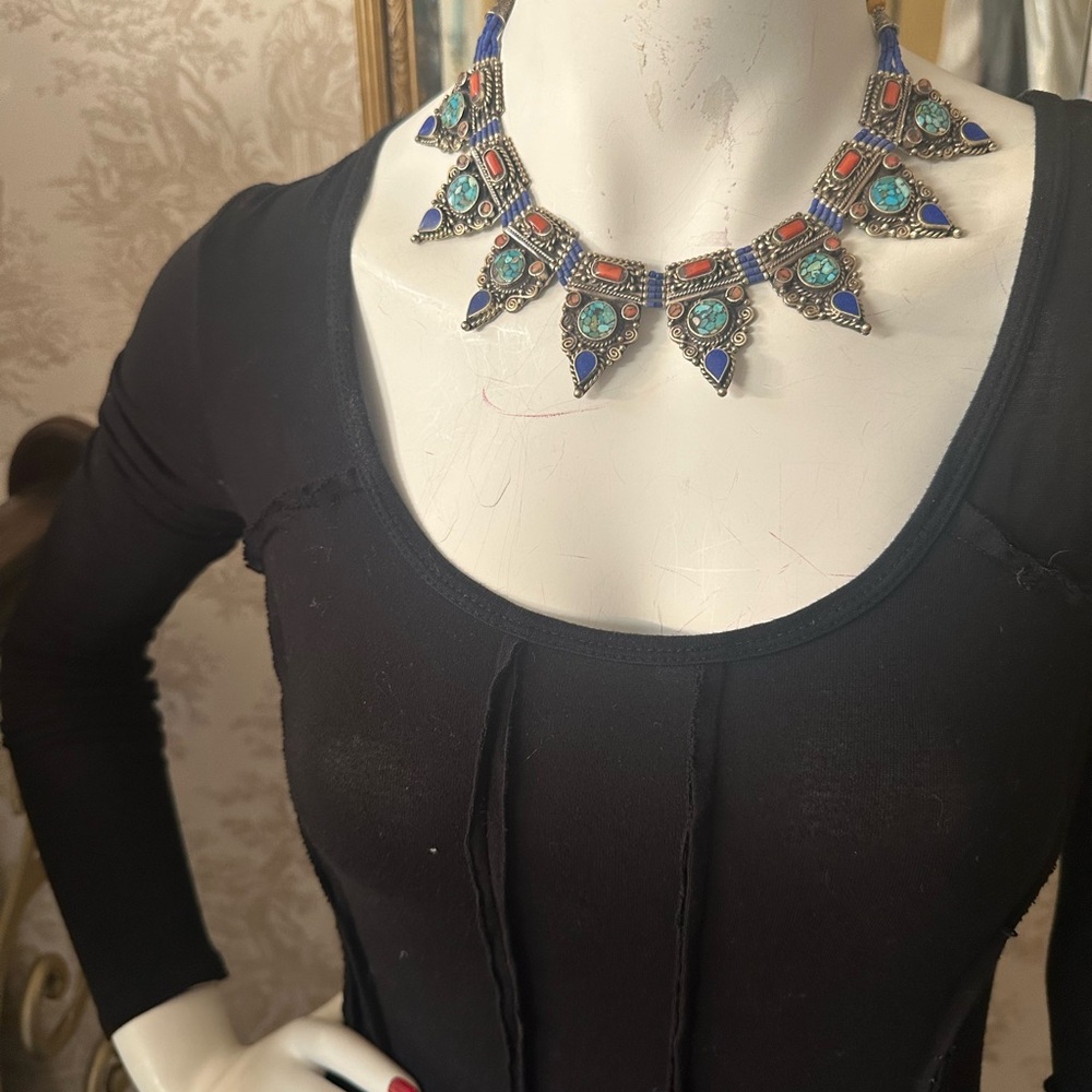 Sterling Silver Necklace with Turquoise, Coral, and Lapis.